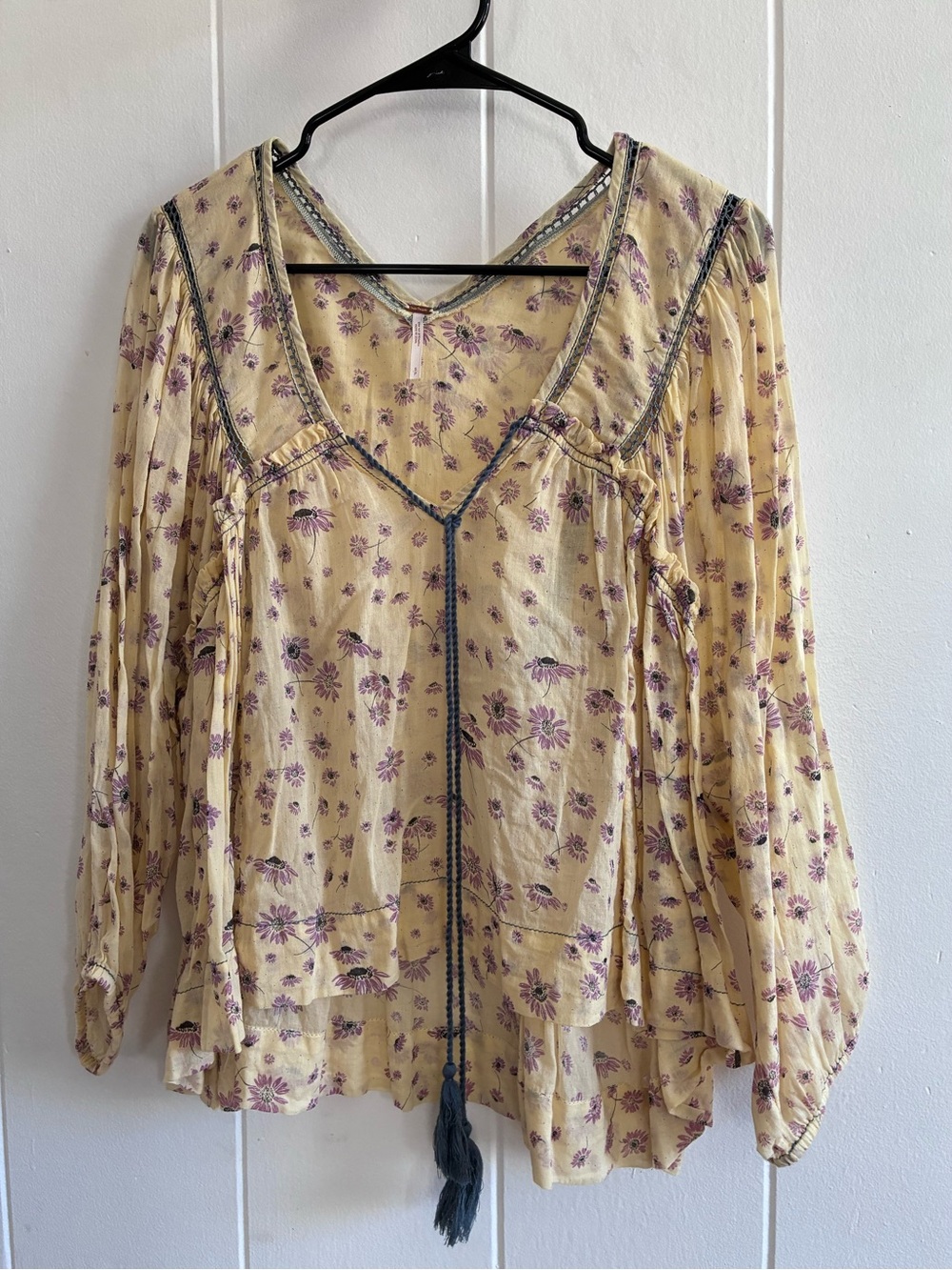 Free People Bohemian Yellow Floral Peasant Blouse with Tassel Tie